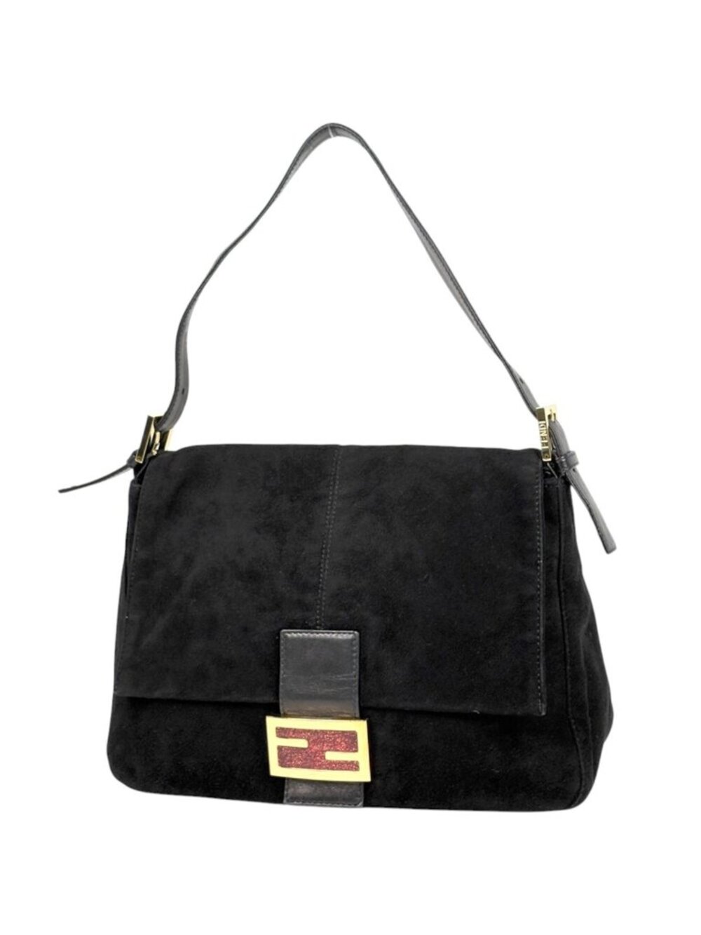 Fendi Shoulder Bag Zucca Logo Suede Black Red
